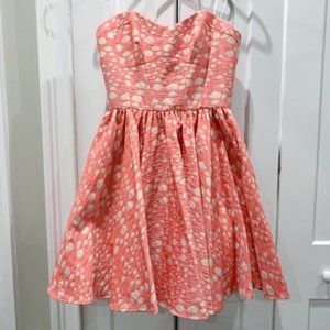 ABS allen schwartz metallic jacquard strapless full skirt dress coral